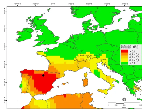 Figure 11. Map showing the spatial correlation patterns of the BasPois chronology with the gridded Tmax_21_Sep−1