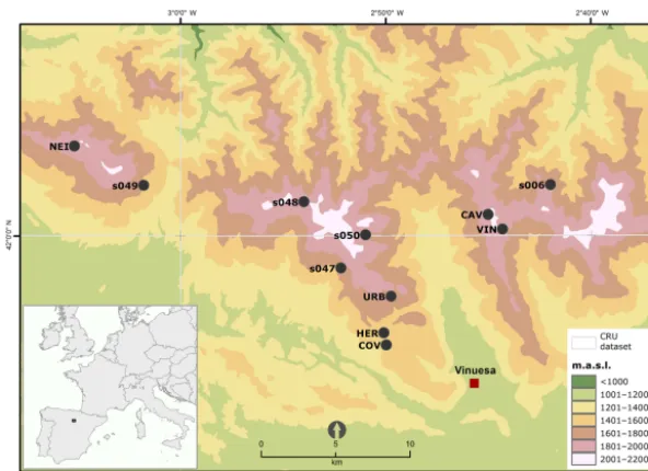 Figure 1. Map showing the tree-ring study sites and the climate data (CRU TS v.3.22) grid points in the western Iberian Range (Soria).