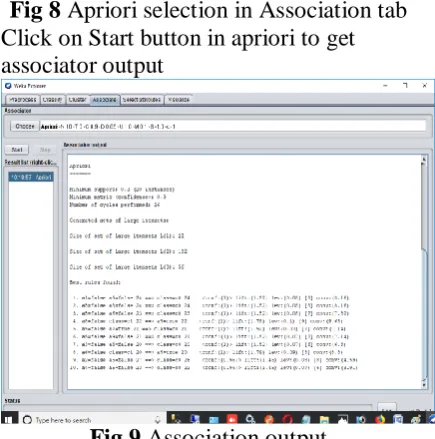 Fig 8  Apriori selection in Association tab Click on Start button in apriori to get 
