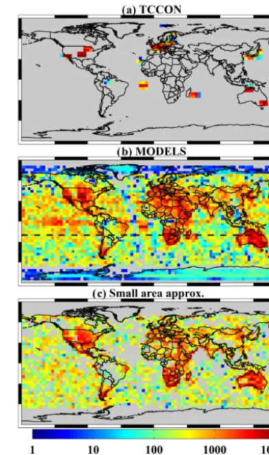 Figure 8. Sounding density of the truth proxy data in 4◦ × 4◦ binsused in the OCO-2 version 8 XCO2 ﬁltering and bias correction.(b) shows both the full global model-based truth proxy and theSouthern Hemisphere truth proxy as the portion below the dashedblack line.