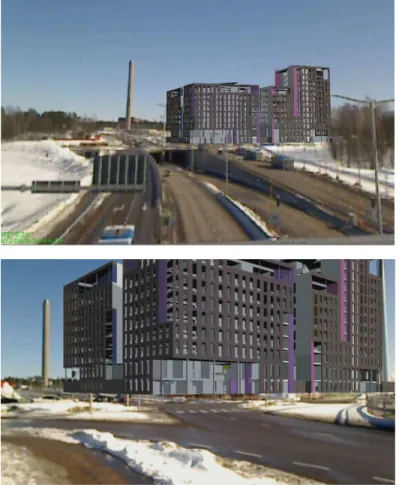 Fig. 6. Building model augmented with OnSitePlayer, at two different locations. 