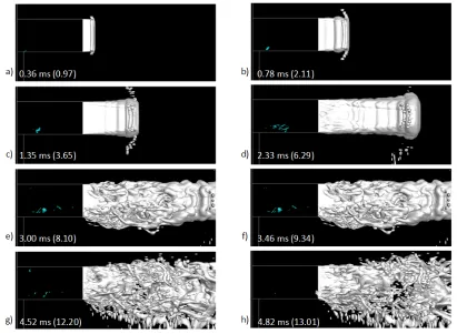 FIG. 6. Instances of the evolution of in-nozzle cavitation and liquid jet disintegration at pinj=2bar