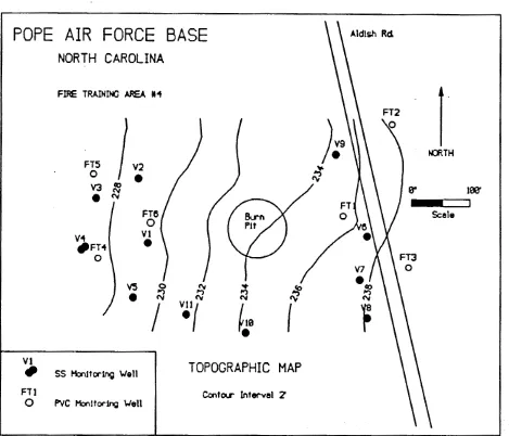 Figure 1. Topographic map of the Pope AFB Fire Protection Training Area 4 site 