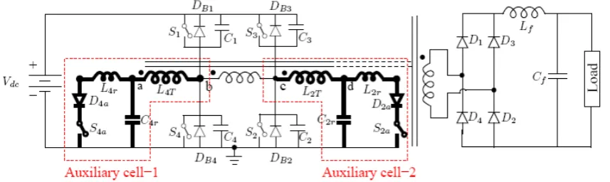 Fig. 2. Proposed active soft switching circuit for pulse width modulated full bridge DC-DC convertersSteady state operation of the circuit is divided into twelve intervals (I1 -I12)