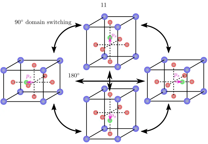 Figure 1.6: There are six equivalent directions of the spontaneous polarization in PZT: the fourshown here as well as in and out of the page.