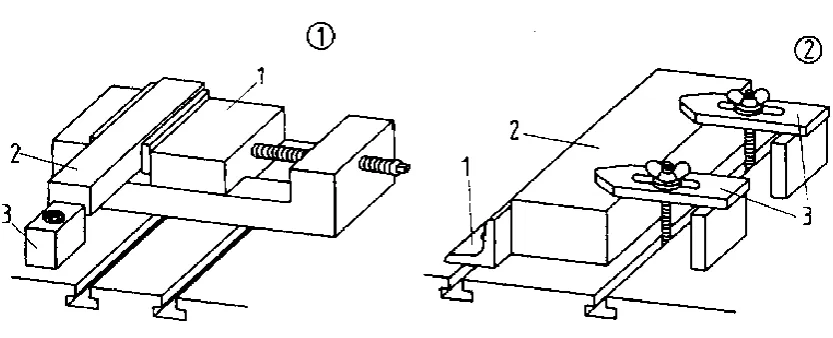 Figure 1.1: Example of Clamping on the Machine Working Table; 1) clamping in the machine vice; 2) clamping directly onto the machine table