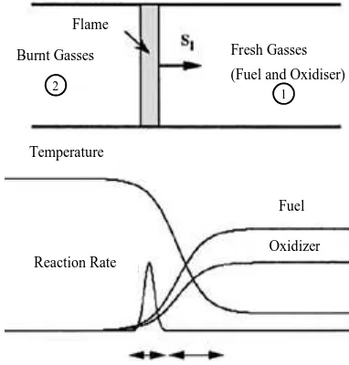 Fig. 3: Structure of laminar plane premixed flames; modified image published in [7] Reaction Zone Preheat Zone 