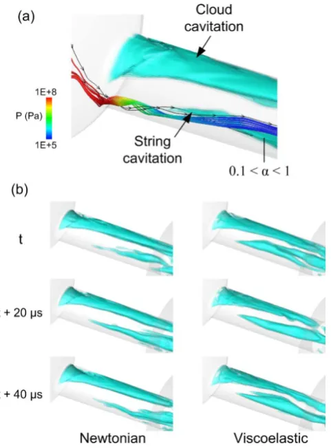 Figure 10. (a) Two distinct cavitation regions forming inside the injector nozzle, cavitation vapors are presented using 5 translucent vapor volume fraction iso-surfaces ranging from 0.1 to 