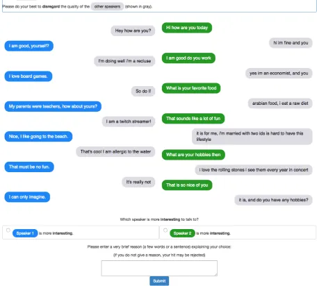 Figure 7: Screenshot of the A/B test UI, comparing a human-human conversation (left) and a Repetition-controlledbaseline model (right).