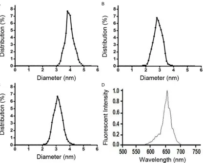 Figure 1. Characteristics of CdSe quantum dots. Size distributions of CdSe-354 (A), CdSe-365 (B), and CdSe-379 (C), and a typical absorption spectrum of CdSe-354 were provided (D).
