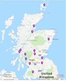 Figure 1. Location of 14 Scottish apiaries sampled as part of CSI Pollen in 2015. 