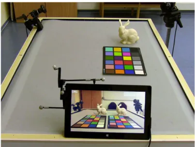 Figure 1.1: Demo Scenario for Distributed Near-Field Illumination The tablet camera shows the real world, augmented by virtual objects with consistent illumination, displayed at 27 Hz