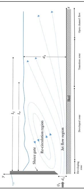 Fig. 3.1 Schematic representation of the flow field in a submerged hydraulic jump 
