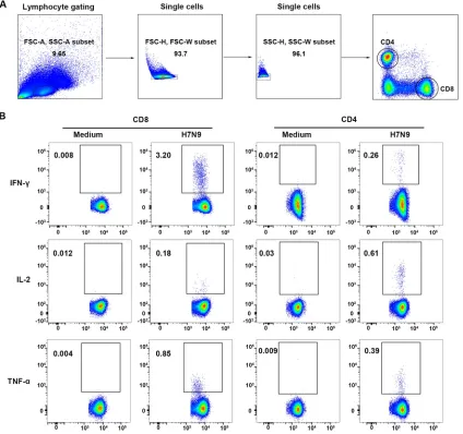 FIG 3 Flow cytometry analysis of H7N9-speciﬁc IFN-CD8�-, IL-2-, and TNF-�-secreting T cells in PBMCs of H7N9 survivors