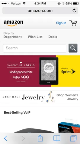 Figure 13: The homepage of  Figure 14: The homepage of the  http://www.amazon.com on a mobile device    Amazon application on a mobile device  (iPhone 5S) in the Safari web browser