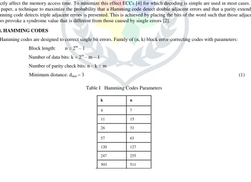Table I   Hamming Codes Parameters  