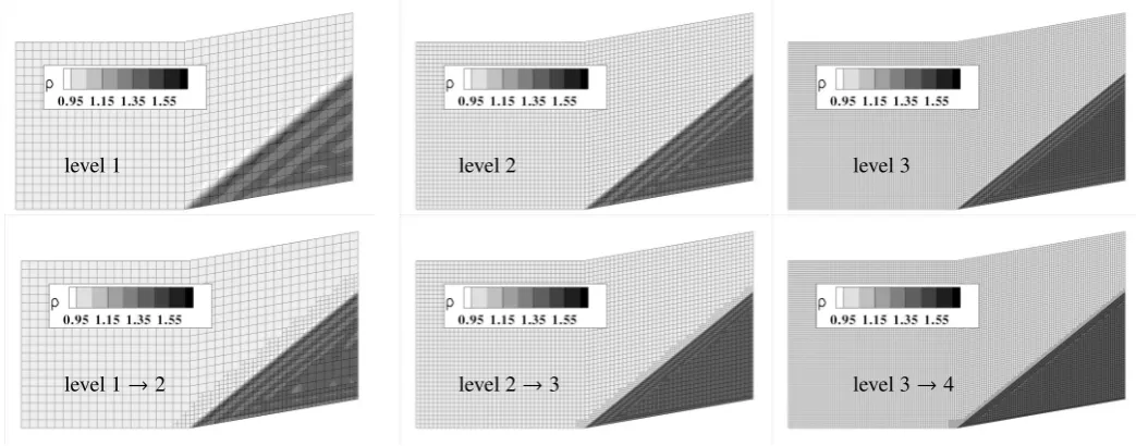 Figure 11: Density distribution for the converged numerical solutions to the oblique shock problem