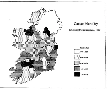 Figure 7: Spatial Distribution of Empirical Bayes Estimates of Relative Risk for Female Cancer Deaths in 1989