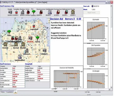 Figure 2. Policity user interface showing the city and buildings (top-left) in San 