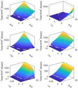 FIG 4 Double-parameter variations indicate that protection from Mucor circinelloides is dependent onmaximum phagocyte number at the site of infection (varying KM and an additional parameter asindicated by the y label) as applied to the mathematical model using “susceptible” zebraﬁsh parameters(KN � 12), and impact of their variation on time taken to reach H* (indicating death from mucormycosis).The dashed line marks 120 h: where the plane lies above the dashed white line, zebraﬁsh are deemedto survive for the corresponding parameter values.