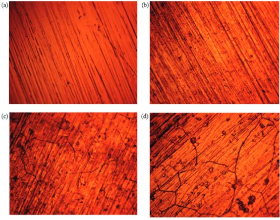 Figure 6. Optical microscopy image 301SS at mag. 40 (a) before corrosion, (b) at 0% NaCl, (c) at 0.25% NaCl and (d) at 1.5% NaCl.