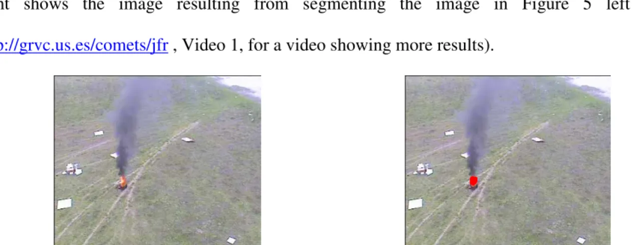 Figure 5: Left: Visual image of a fire experiment; Rigth: the resulting segmented image