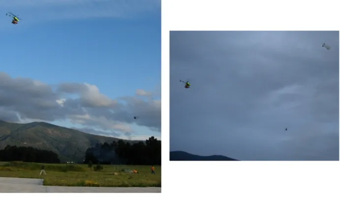 Figure 1: Left Marvin and Heliv during a experiment. Right, Karma flying over Marvin and  Heliv in a cloudy day