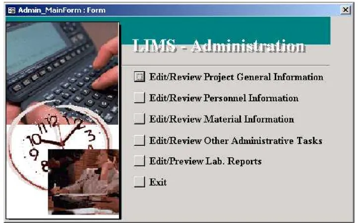 Figure 2. The Main Menu for LIMS Administration Database
