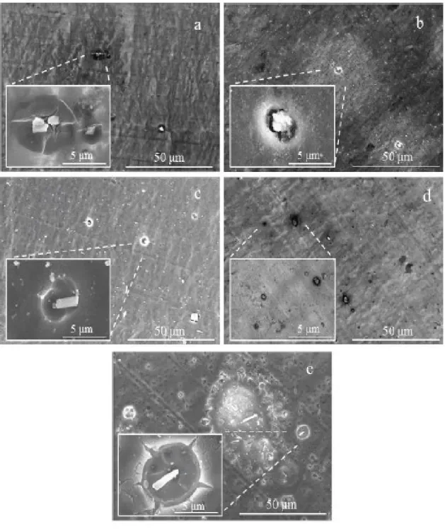 Figure 2.3 High-resolution SEM images of aluminum surface after immersion tests, (a) 30  seconds at pH=12.98, (b) 1000 seconds at pH=11.56, (c) 1000 seconds at pH=12.98, (d) 10,000 