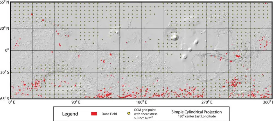 Figure 1.Geographic distribution of dune fields and GCM grid points between 65�N and 65�S latitude.Only GCM grid points with a shear stress value >0.0225 N/m2 are shown