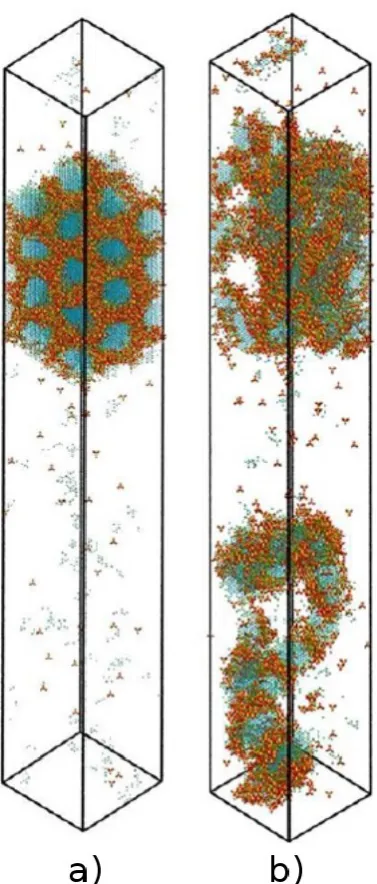 Figure 2. Snapshots of mesophases obtained from lattice Monte Carlo simulations accounting for both surfactant self-assembly and silica polymerisation: a) hexagonal phase obtained from a two-step process; b) disordered phase obtained from a one-step proces