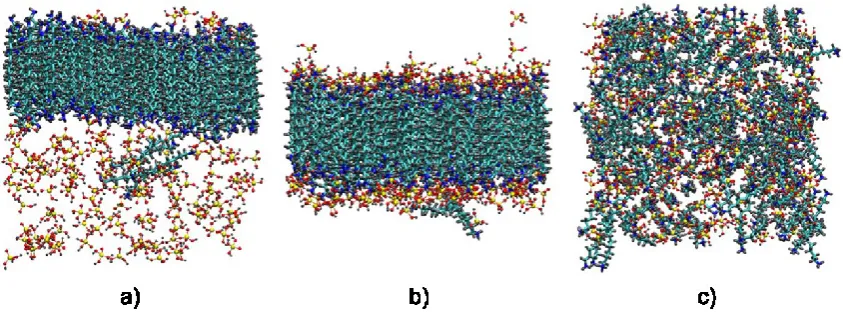 Figure 7. Snapshot of configurations obtained from atomistic MD simulations of MSU-V precursor solutions containing silica, water and DADD surfactant: a) high pH; b) intermediate pH; c) low pH