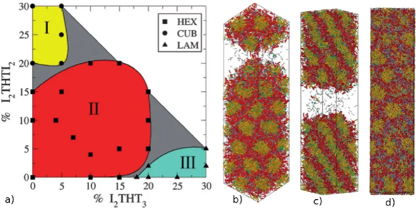 Figure 8. Two-dimensional phase diagram (a) obtained from lattice Monte Carlo simulations of solutions with 40% surfactant, 10% silica dimers and variable concentrations of terminal and bridging hybrid organosilicate precursors