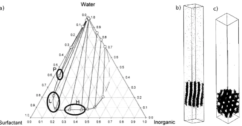 Figure 1. a) Ternary phase diagram of surfactant/water/silica obtained from lattice Monte Carlo simulations, showing the phase separation region