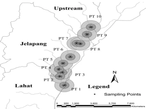 Fig. 1. Buffer of radii of 200 to 1000 m surrounding the water sampling sites. 
