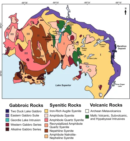 Figure 2.1 Geological map of the Coldwell Complex showing the Eastern Gabbro, the syenitic ��������������