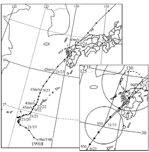 Fig. 1. Track of Typhoon 9918 along with its probability circles as given by the Japan Meteorological Agency (JMA)