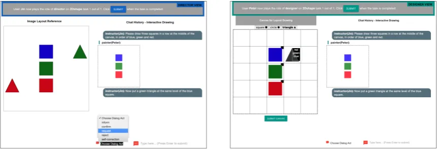 Figure 3: UI for director (left) and designer (right) agents for 2D-shape layout task.
