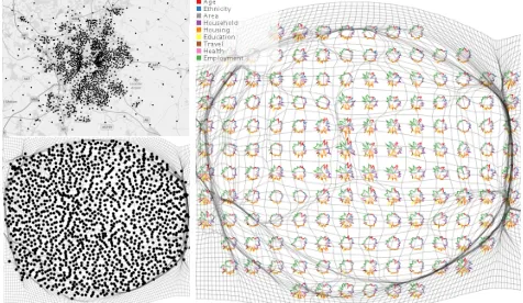 Figure 6: Left top: Geographical distribution of samples. Left bottom:Density-normalised of above using a Gastner Cartogram algorithm.Right: Contiguous tilemap of samples using the cartogram projectionwith a distortion grid.