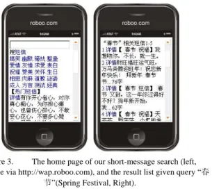 Figure 3.   The home page of our short-message search (left,  accessible via http://wap.roboo.com), and the result list given query “春