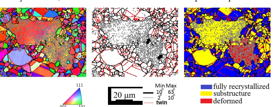 Figure 7. An example of EBSD map of a non-recrystallized zone in the as-forged material deformed for e = 0.5 strain