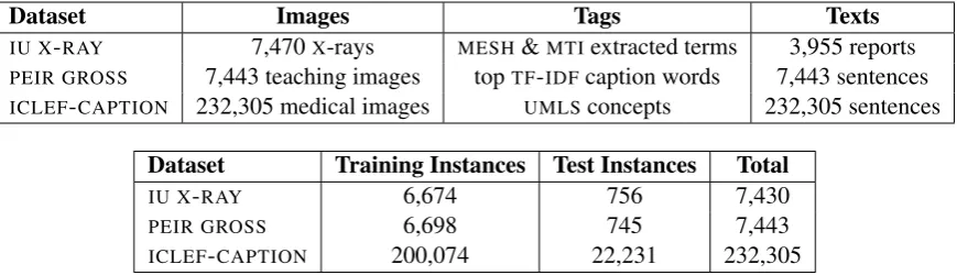 Table 1: Biomedical image captioning publicly available datasets. Images are annotated with tags, which may bemedical terms (IU X-RAY) or words from the captions (PEIR GROSS) (Jing et al., 2018)