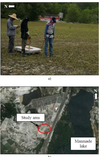 Fig. 2. Ground penetrating radar. a) MALA 100 MHz shielded antenna used in the study, b) study area across the sandy soil