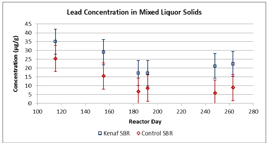 Figure 3.11: Lead concentrations in dried sludge solids from kenaf supplemented and control SBRs
