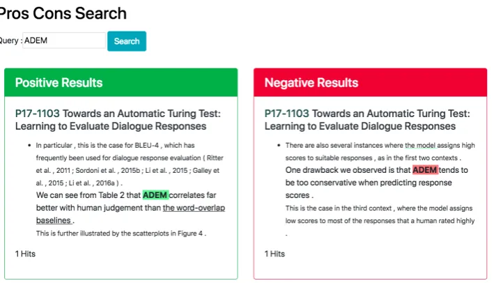 Figure 2: Search results obtained from our pros/cons identiﬁcation prototype system.