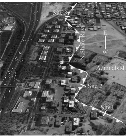 Figure 2.  The satellite image of research situation and three profile of GPR method on north Share Ray Fault