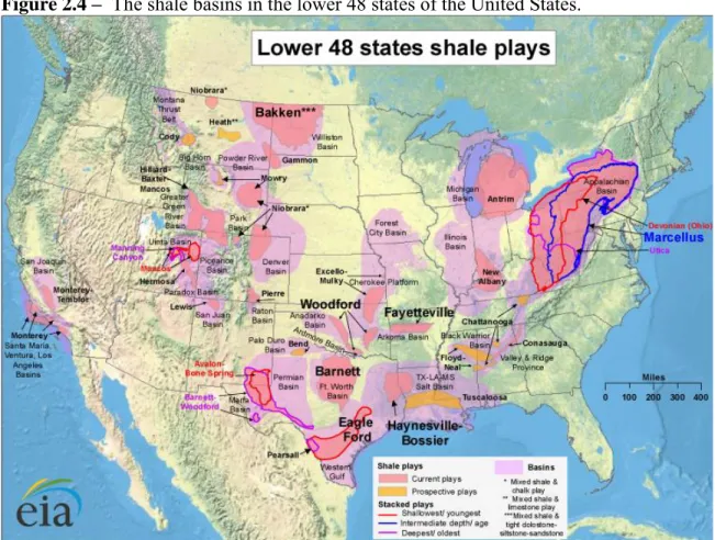 Figure 2.4 –   The shale basins in the lower 48 states of the United States. 