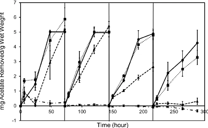 Figure  3.1:  Acetate  removed  in  synthetic  produced  water  as  a  function  of  time