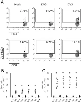FIG 5 Inactivated DV does not infect human T cells. (A) Representative ﬂow cytometry density plotgamma-irradiated DV3 98 (iDV3) and mock infection