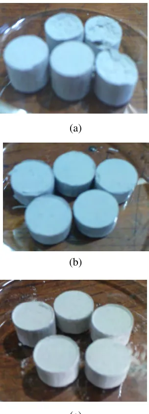 Figure 4.2: Green pellet of glass ceramic produced at different pellet of glass ceramic produced at different SLSG to clay weight ratio(b) 10 wt.%  (c) 15 wt.% to clay weight ratio : (a) 5 wt.% 